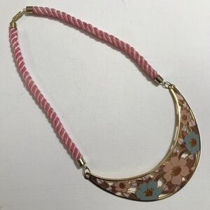 Vintage Cloisonne Pink Blue Floral Necklace Gold Tone On Pink Silk Rope 16 in